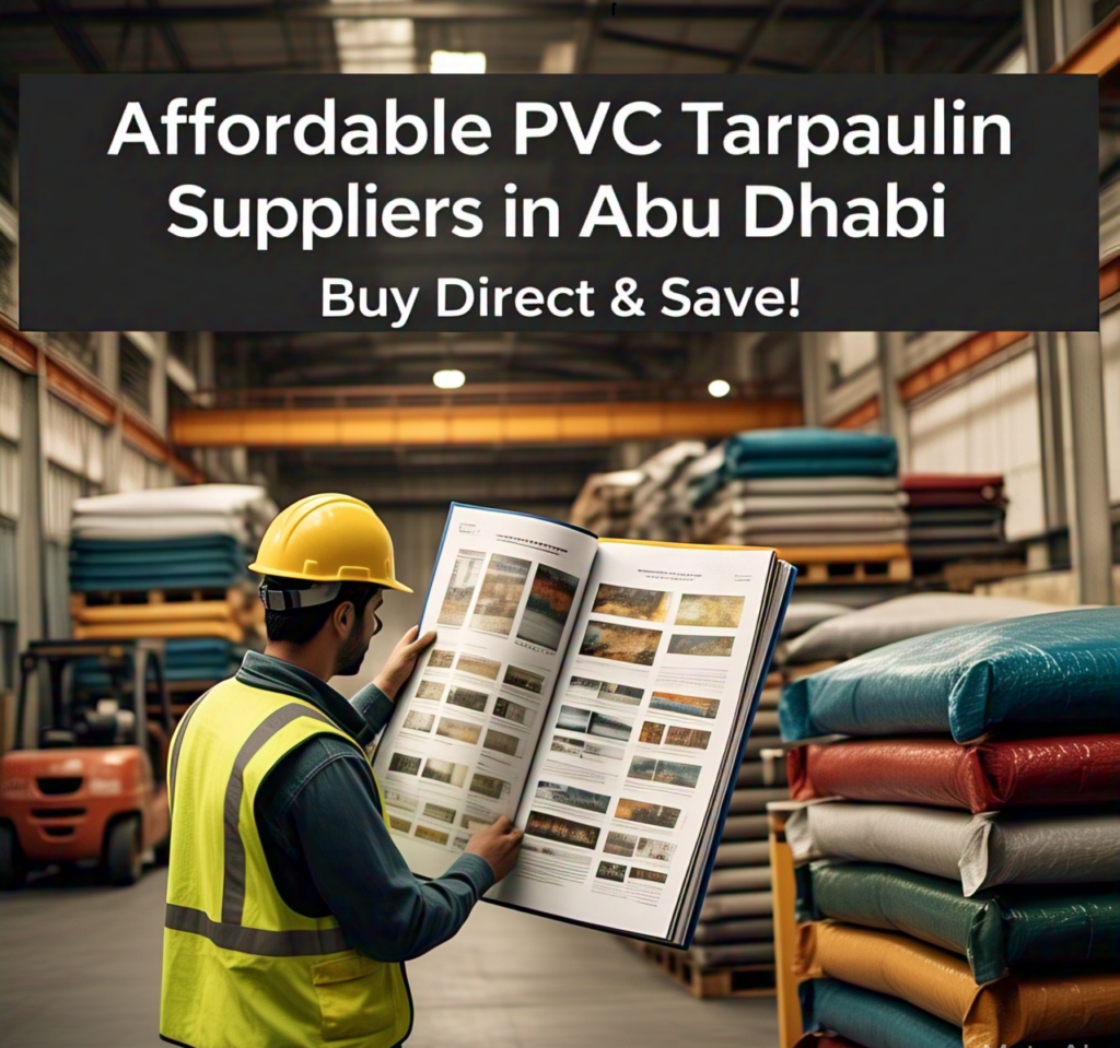 Image of durable PVC tarpaulin sheets in various sizes and colors, with a cityscape of Abu Dhabi in the background, highlighting Cactus GGT as a trusted supplier.