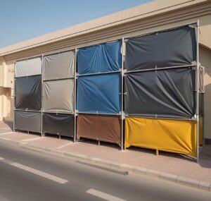 Why the Best PVC Tarpaulin Sheets in Abu Dhabi Are Essential for Every Home & Business 4 Illustration of various applications of PVC tarpaulin sheets in Abu Dhabi, including construction sites, warehouses, and outdoor events, highlighting their essential role in providing protection and shade.