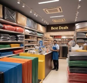 Image of a discount offer or promotion on PVC tarpaulin sheets in Abu Dhabi, with a red percentage sign or a 'sale' tag, emphasizing the best deals and lowest prices available