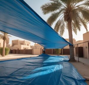 Why the Best PVC Tarpaulin Sheets in Abu Dhabi Are Essential for Every Home & Business 3 Photo of a sturdy PVC tarpaulin sheet protecting outdoor furniture and equipment from harsh desert sun and sandstorms in Abu Dhabi, showcasing its durability and versatility