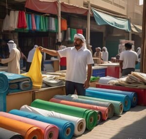Photo of a person holding a PVC tarpaulin sheet with a satisfied expression, standing in front of a warehouse or store in Abu Dhabi, highlighting the value for money and quality of the product