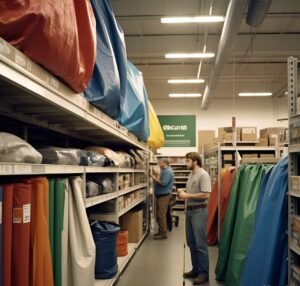 Illustration of a person standing in front of a variety of PVC tarpaulin sheets with different sizes, colors, and thicknesses, highlighting the importance of selecting the right type for specific needs