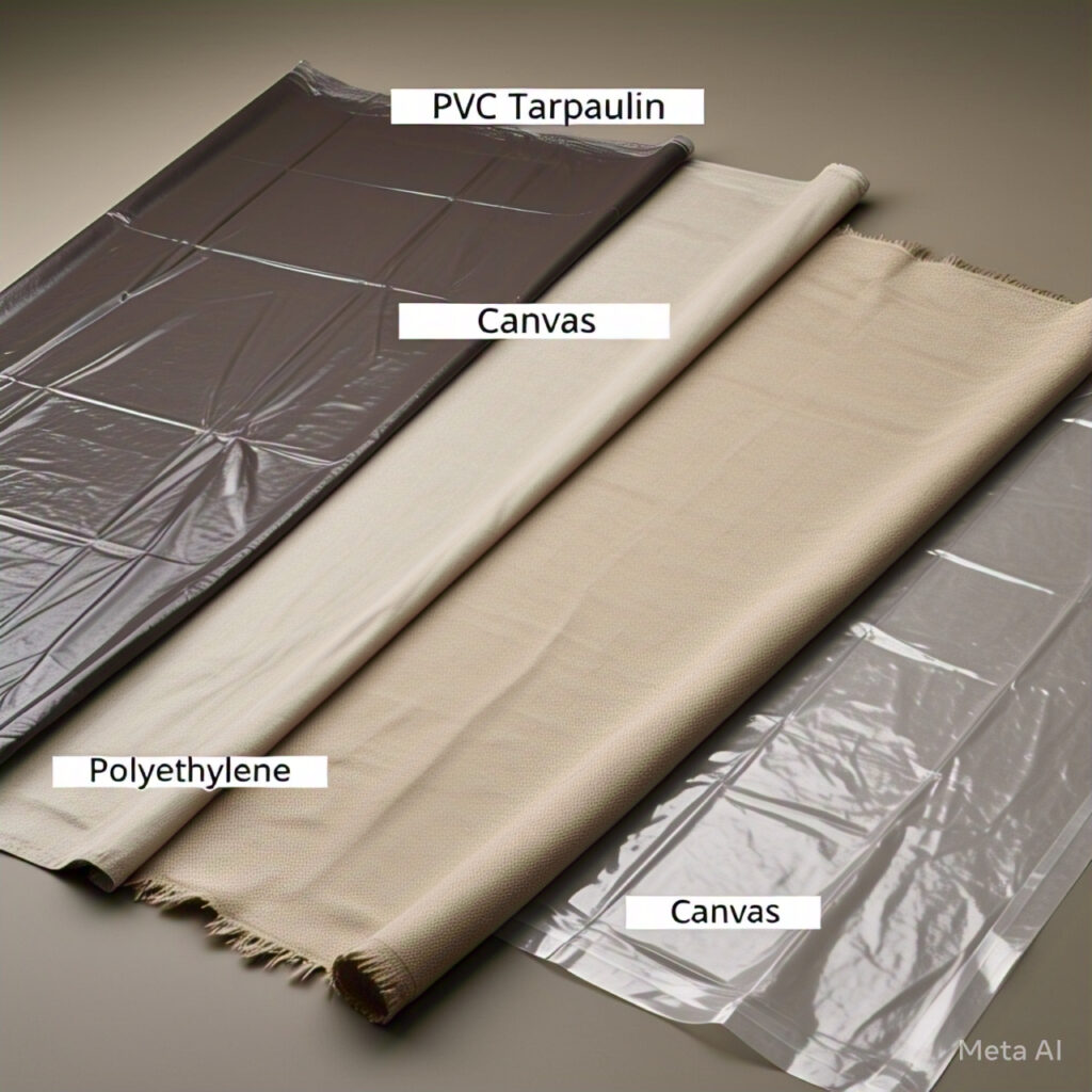Comparison chart illustrating the durability, water resistance, and UV protection of PVC tarpaulin, canvas, and polyethylene materials, helping users choose the best cover material for their needs