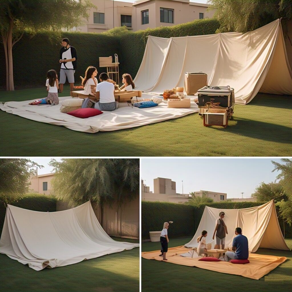image of a PVC tarpaulin sheet being used as a temporary roof cover for a building under construction in Abu Dhabi, highlighting its practical uses for homeowners and businesses