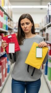 A person holds a red and a yellow fabric item with tags, standing in a brightly colored store aisle filled with various products.