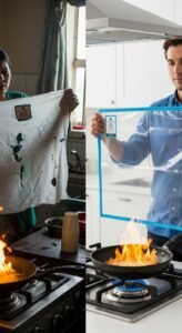 A split image shows two people cooking. On the left, a person holds a worn cloth near a gas stove with flames. On the right, a person holds a new, clear screen above a stove with controlled flames. The contrast highlights change.