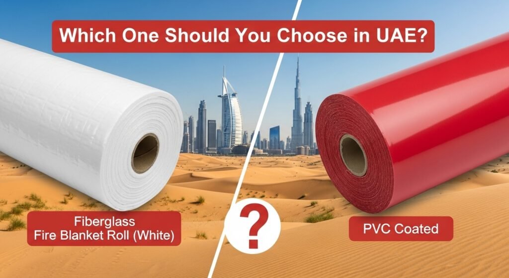 Comparison of a white fiberglass fire blanket roll and a red PVC coated roll, with a Dubai skyline backdrop and desert landscape.