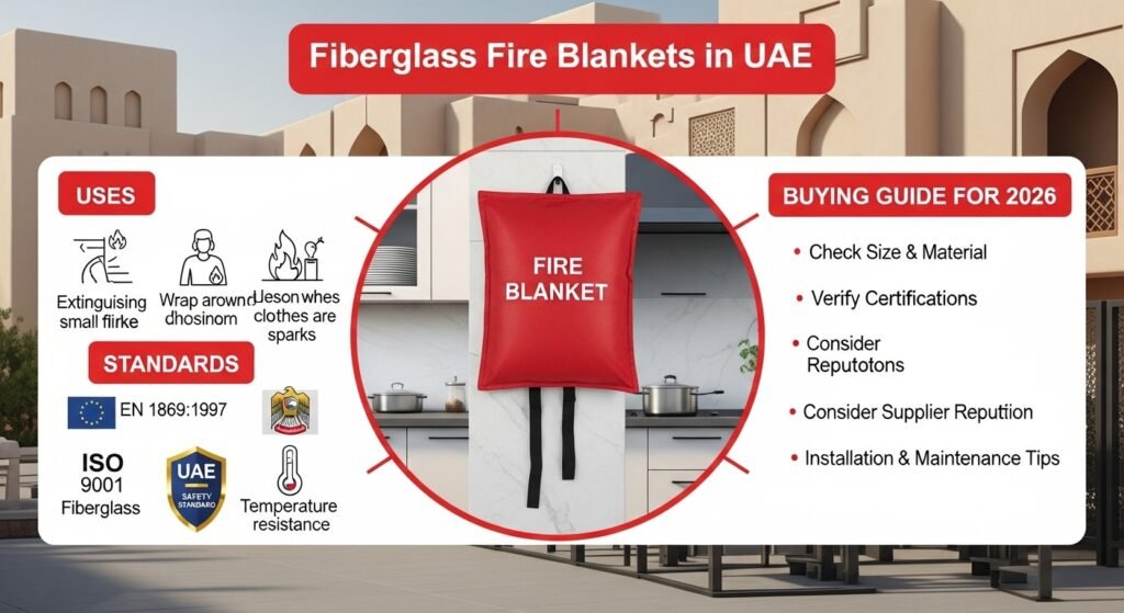 Graphic promoting fiberglass fire blankets in UAE, detailing uses, standards, and a buying guide for 2026 with a red fire blanket displayed.