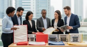 A diverse group of six professionals stand around a table outdoors, examining colorful fabric samples and images labeled "Restaurant," "Workshop," and "Office," conveying collaboration and creativity.