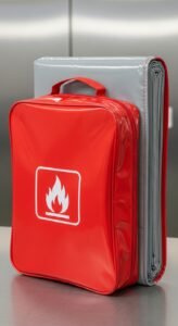 Red fire safety kit with a flame symbol, placed next to a rolled-up fire blanket on a metallic surface.
