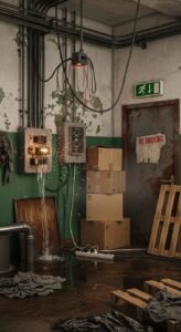 A cluttered industrial room features sparking electrical panels, water leaking, and stacked cardboard boxes near a "No Smoking" sign.