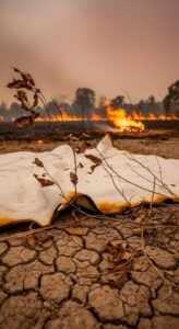 A scorched landscape with dry, cracked earth, a burnt blanket, and flames consuming vegetation in the background under a smoky sky.