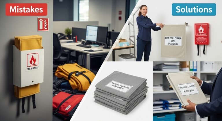 A visual guide contrasting safety mistakes and solutions, highlighting fire safety measures in an office environment. fire blankets