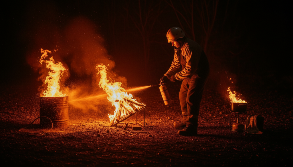 A person wearing protective gear uses a fire extinguisher to put out flames in metal barrels outdoors at night. Fire Safety