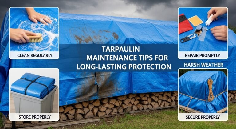 Graphic on tarpaulin maintenance tips over stacked logs. Includes steps: Clean, store, repair, and secure. Emphasizes long-lasting protection.