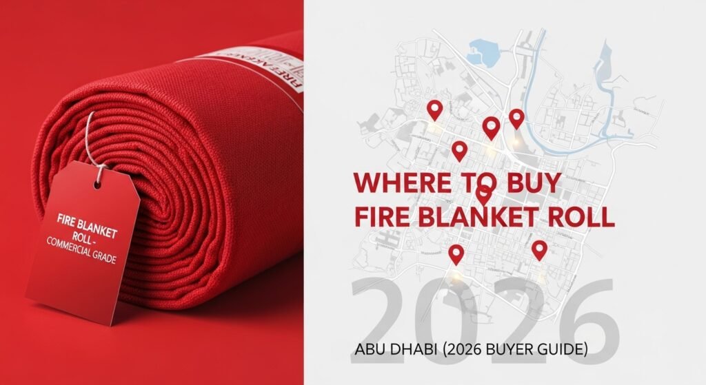 A rolled red fire blanket with a tag is shown next to a map of Abu Dhabi marked with pins and text reading "Where to Buy Fire Blanket Roll Abu Dhabi (2026 Buyer Guide). Fire Blanket Roll