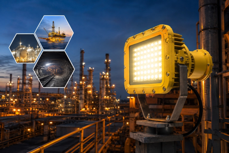 Bright industrial floodlight with oil refinery and inset images of oil rig, storage tanks, and underground mine at dusk: Explosion Proof Flood Lights